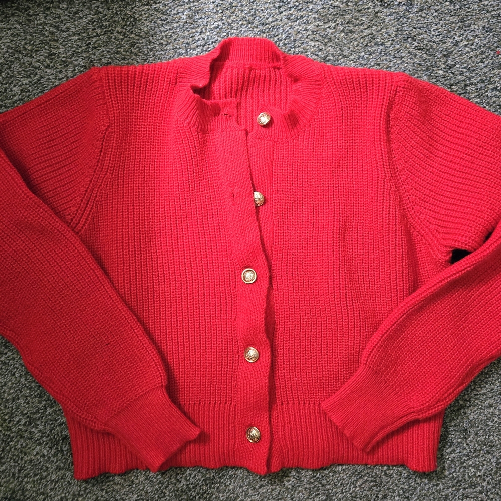 SHEIN Vibrant Red Cardigan with Gold Buttons
